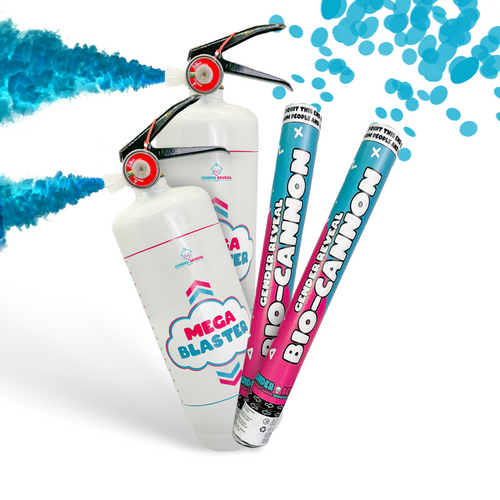 Double MEGA Powder Extinguisher & Gender Reveal Cannon Bundle featuring two white powder extinguishers with red nozzles and pink-blue stripe design, alongside two matching cylindrical powder cannons, displayed against a backdrop of blue powder spray effect