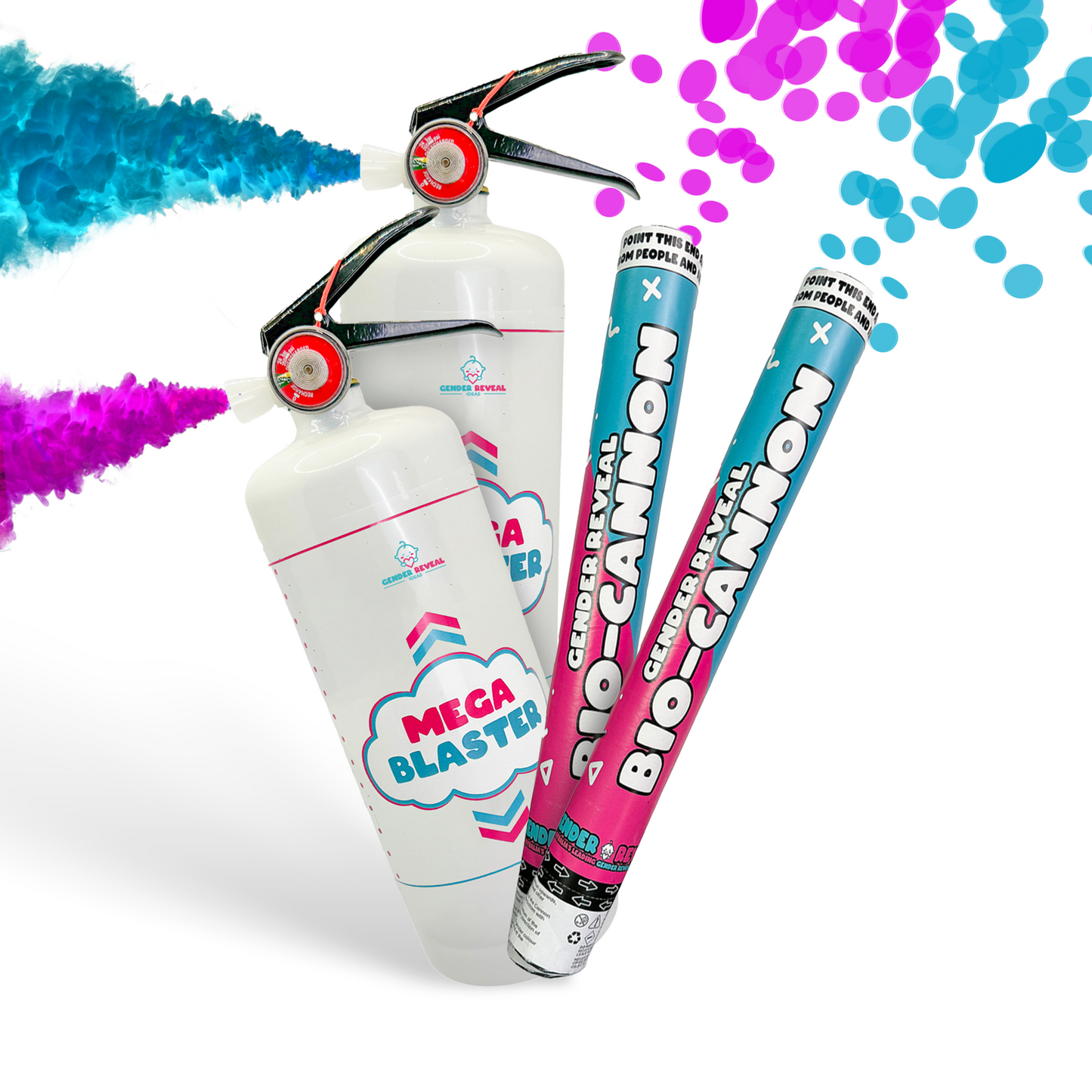 Double MEGA Powder Extinguisher & Gender Reveal Cannon Bundle featuring two white powder extinguishers with red nozzles and two powder cannons in pink and blue, with colorful powder clouds bursting in turquoise and magenta against a white background.