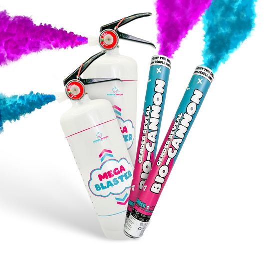 Double MEGA Powder Extinguisher & Gender Reveal Cannon Bundle featuring two colorful smoke cannons and a white mega blaster device with pink and blue smoke effects creating dramatic plumes in the background. Perfect for gender reveal celebrations with vibrant powder display capabilities.