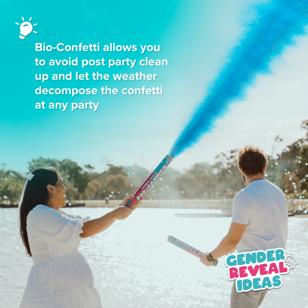 Gender Reveal Powder Cannon BIO XL Bundle shooting bright blue biodegradable confetti with couple in outdoor setting