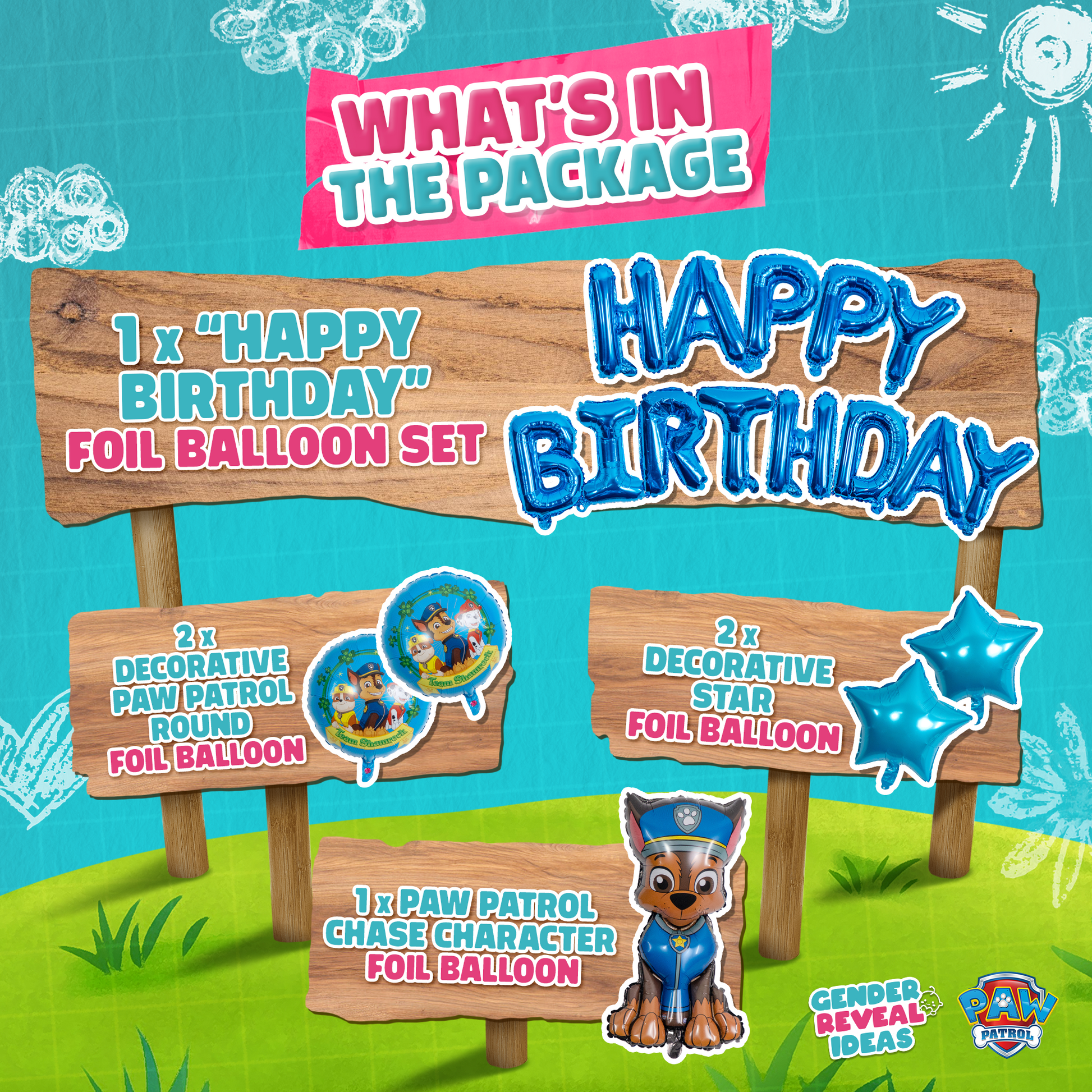 Paw Patrol Birthday Foil Balloon Set featuring blue Happy Birthday text balloons, Chase character balloon, decorative star balloons, and themed round foil balloons displayed on wooden signposts against turquoise background with cloud doodles