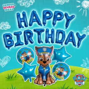 Paw Patrol Birthday Foil Balloon Set featuring blue Happy Birthday letter balloons, Chase character balloon centerpiece, round character print balloons, and blue star balloons against a turquoise background with decorative clouds and sun drawings