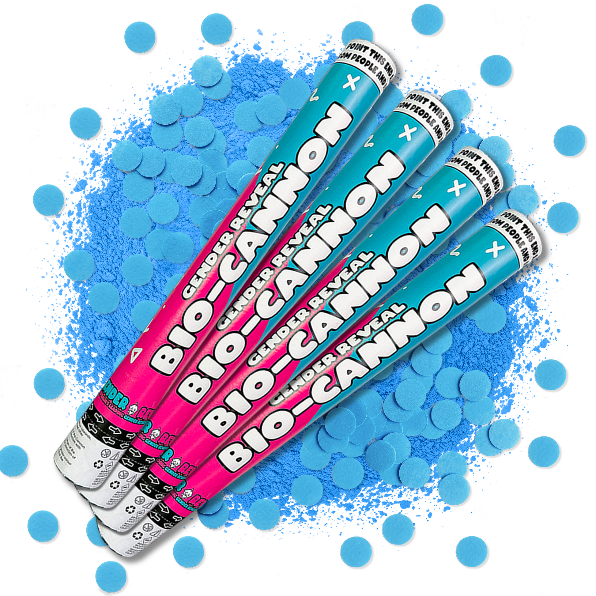 4 Pack XL Gender Reveal Confetti Cannons in pink and blue with powder burst display on white background