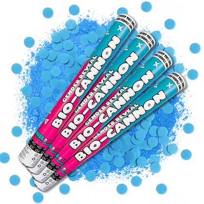 4 Pack XL Gender Reveal Confetti Cannons in pink and blue with powder burst display on white background