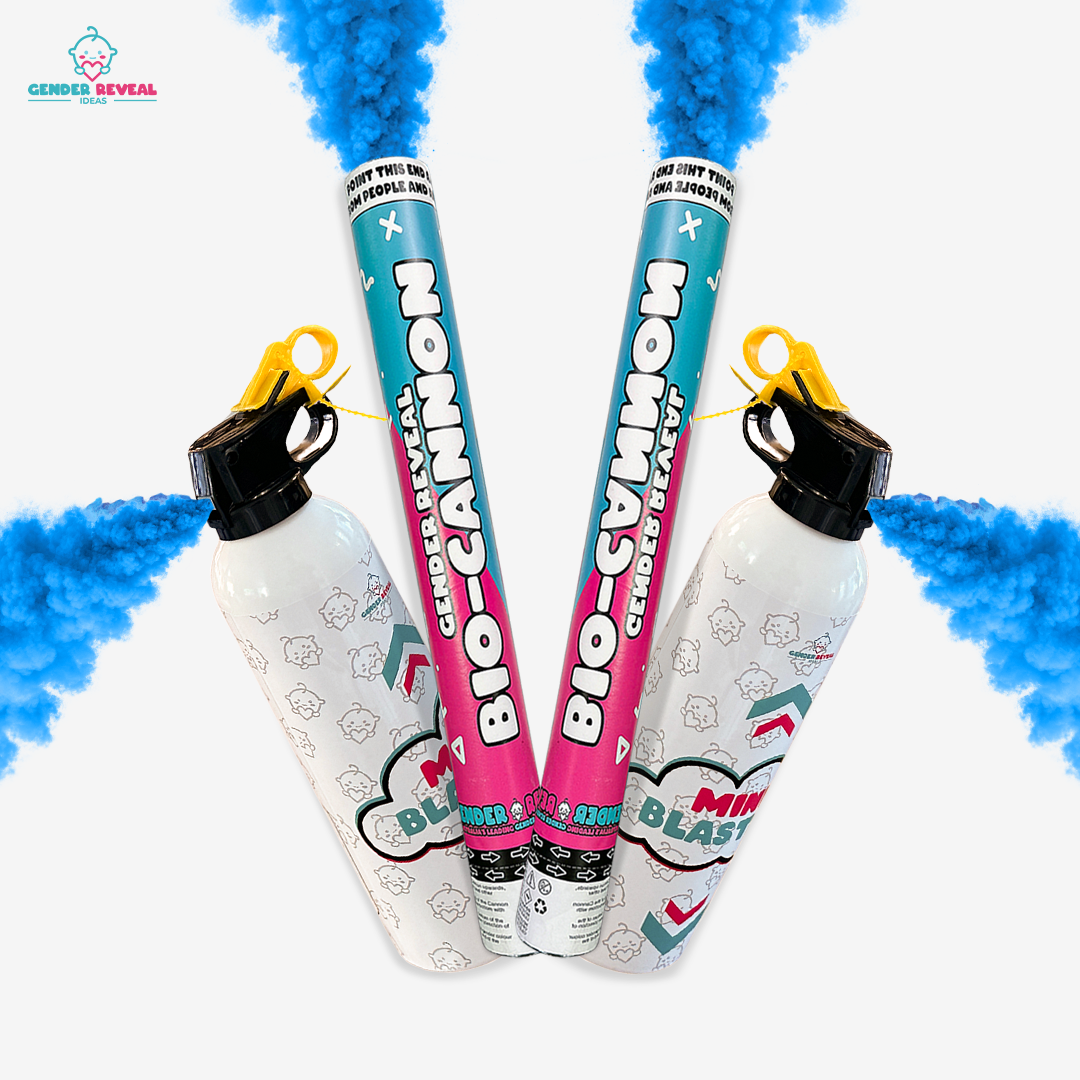 Gender reveal double bundle with two blue bio-cannons and matching extinguishers releasing blue powder smoke