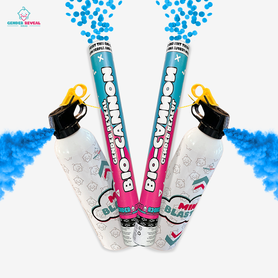 Gender Reveal Cannon and Extinguisher Double Bundle releasing vibrant blue powder for celebration events