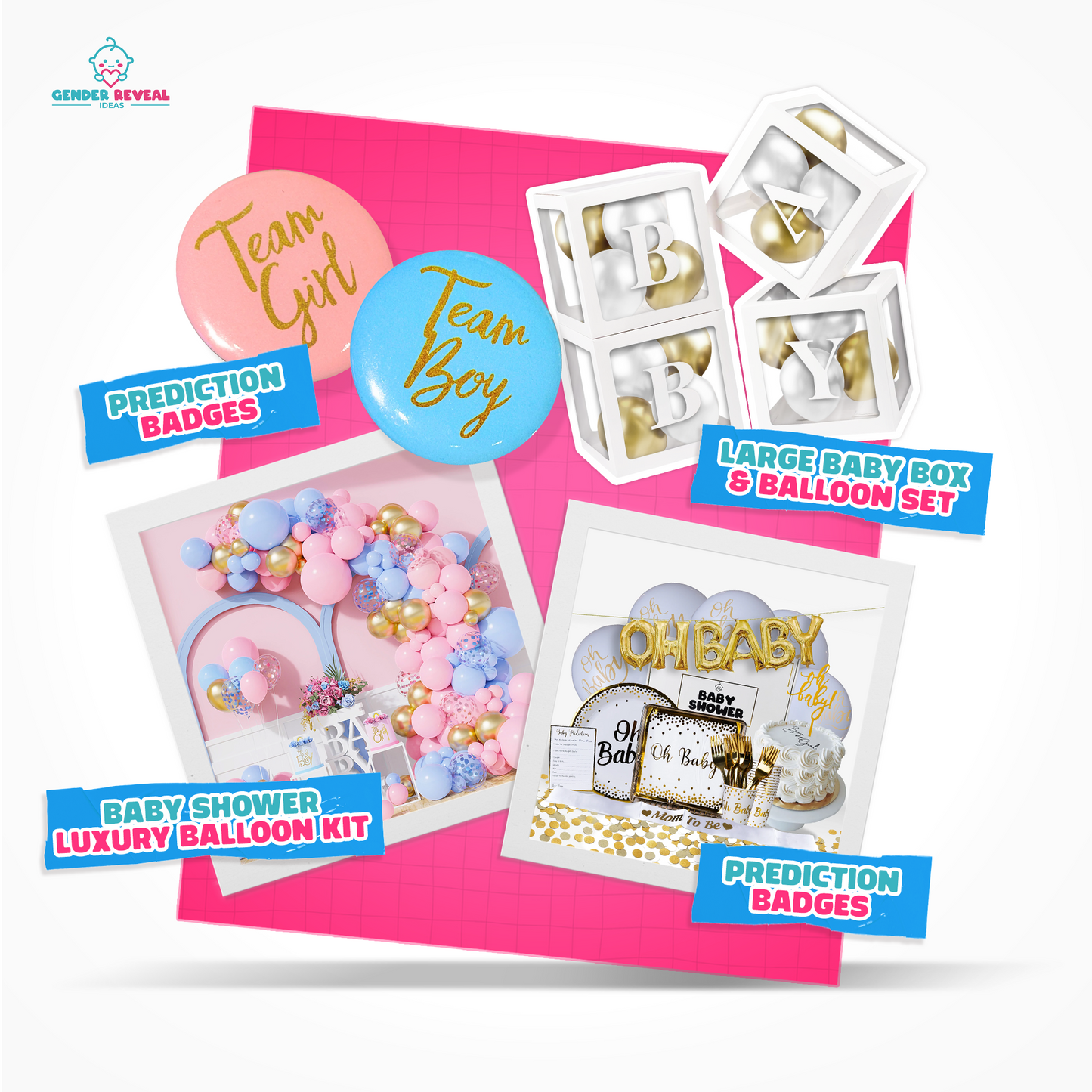 Value Gender Reveal Decoration Set featuring pink and blue prediction badges, luxury balloon garland kit with pastel balloons, large baby box balloon set, and OH BABY letter balloons in gold and white on pink background. Complete party decoration bundle for gender reveal celebrations.