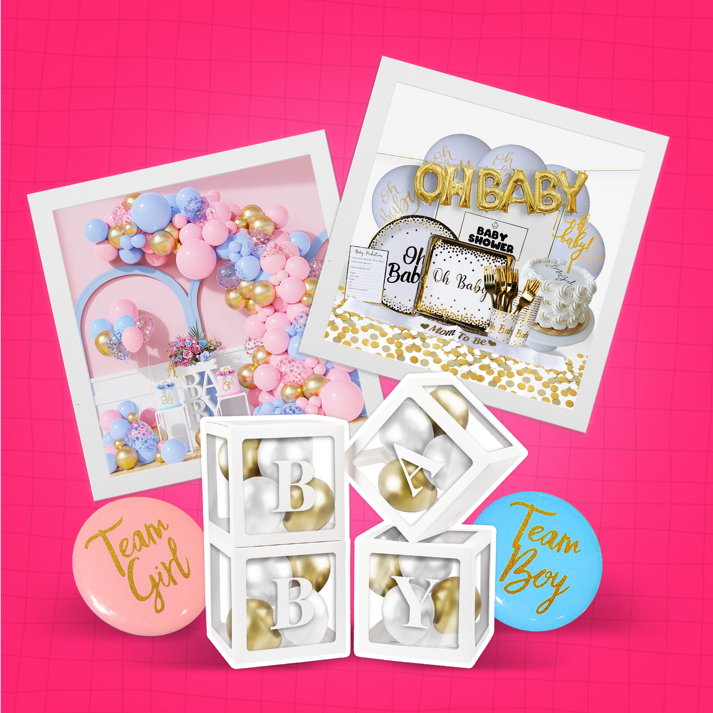 Value Gender Reveal Decoration Set featuring balloon garland, OH BABY gold letter balloons, decorative white baby blocks, and Team Boy and Team Girl signs on pink background. Complete party kit with gold and pastel blue and pink color scheme for gender reveal celebrations.