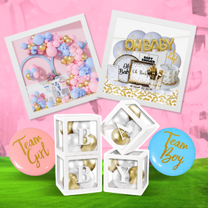 Value Gender Reveal Decoration Set featuring balloon boxes, 'OH BABY' gold letter balloons, pink and blue balloon arch, Team Boy and Team Girl buttons, and decorative frames for baby announcement, arranged on pink and green background with white accents.