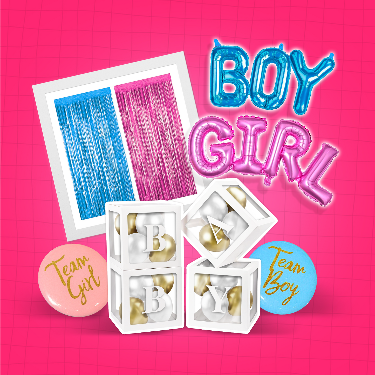 Basic Gender Reveal Decoration Set featuring blue and pink foil curtain backdrop, blue BOY and pink GIRL letter balloons, white decorative baby blocks, and Team Boy and Team Girl round buttons on vibrant pink background