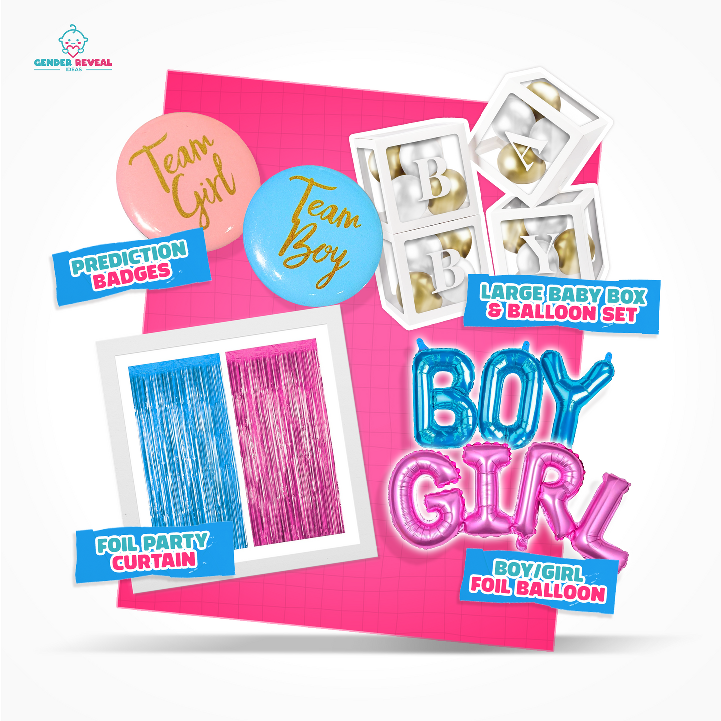 Basic Gender Reveal Decoration Set featuring pink and blue foil curtains, Team Boy and Team Girl prediction badges, decorative white baby blocks, and BOY/GIRL foil balloons arranged on pink background, perfect for intimate gender reveal celebrations.