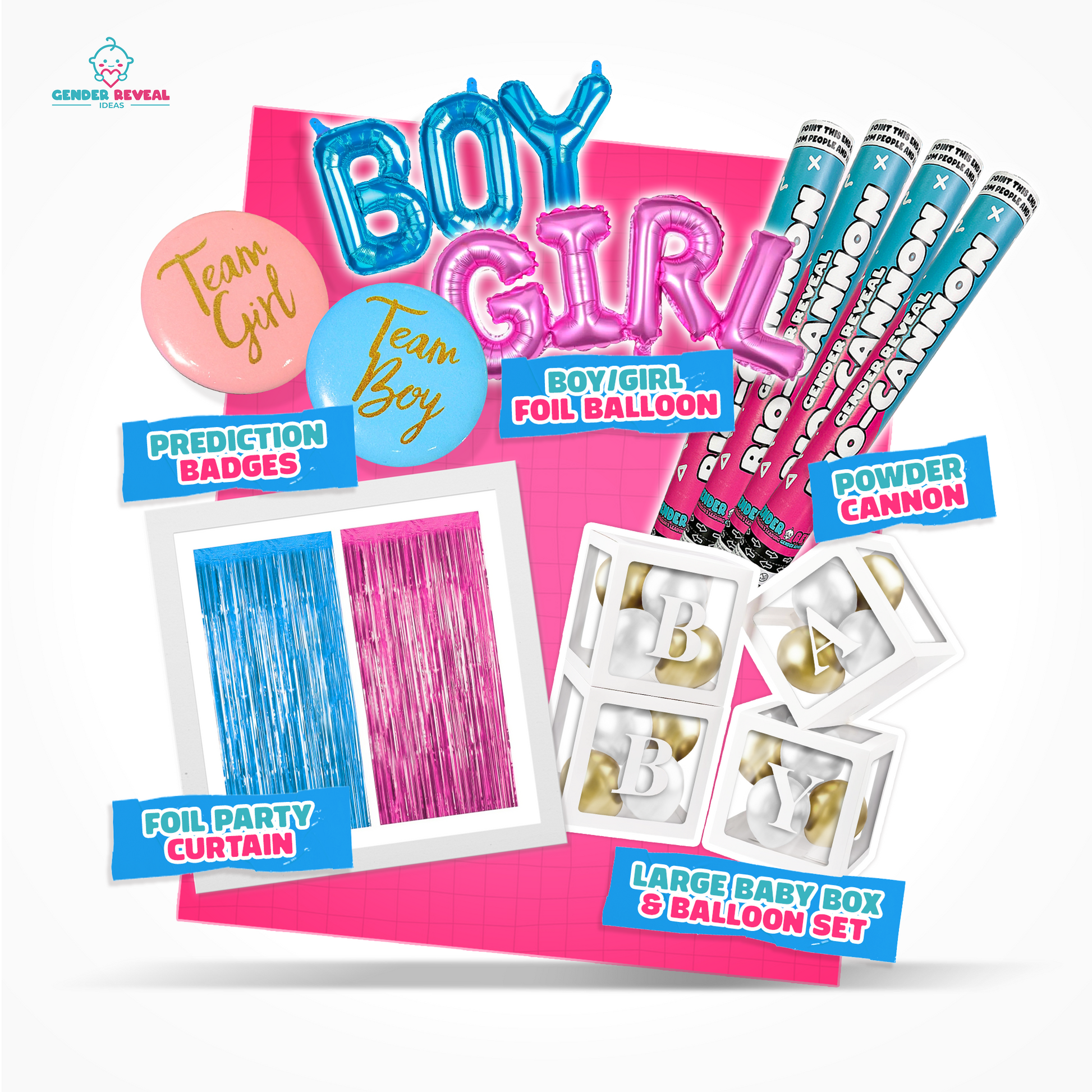 Family Gender Reveal Decoration Set featuring blue and pink balloon letters, team prediction badges, foil curtains, powder cannons, and decorative baby box balloons arranged on pink background, complete party supplies for gender announcement celebrations