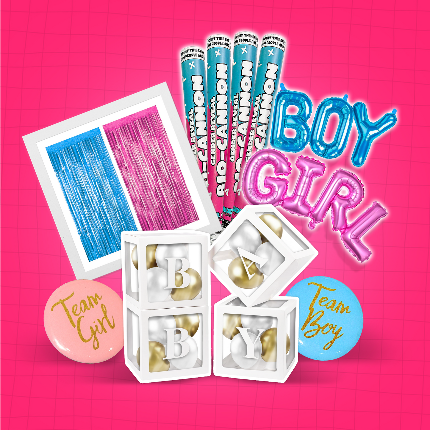 Family Gender Reveal Decoration Set featuring blue and pink foil balloons spelling BOY GIRL, decorative white letter boxes, confetti cannons, team buttons, and metallic fringe curtains against a vibrant pink background, perfect for gender reveal celebrations