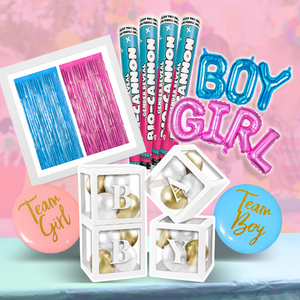 Family Gender Reveal Decoration Set featuring blue and pink foil curtains, gender reveal cannons, letter blocks, BOY and GIRL balloon letters, and team boy and girl buttons displayed on pink and blue gradient background