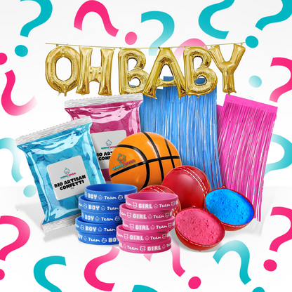 Backyard Celebration Bundle with gender reveal basketball, cricket ball, confetti, pink and blue powder, and OH BABY balloons