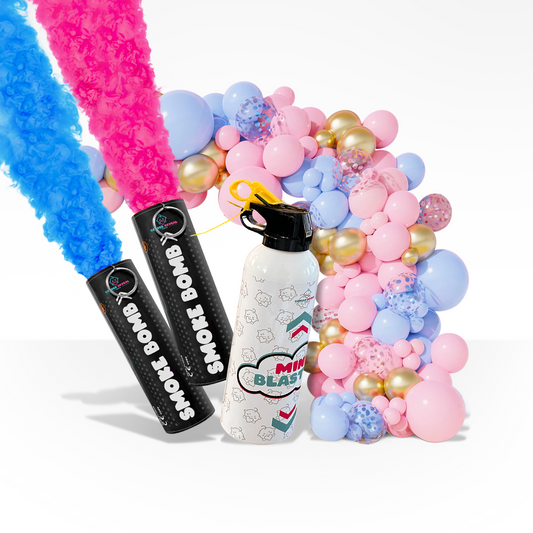 Mini Blaster Party Starter with two smoke bombs releasing pink and blue powder in front of balloon arch decoration