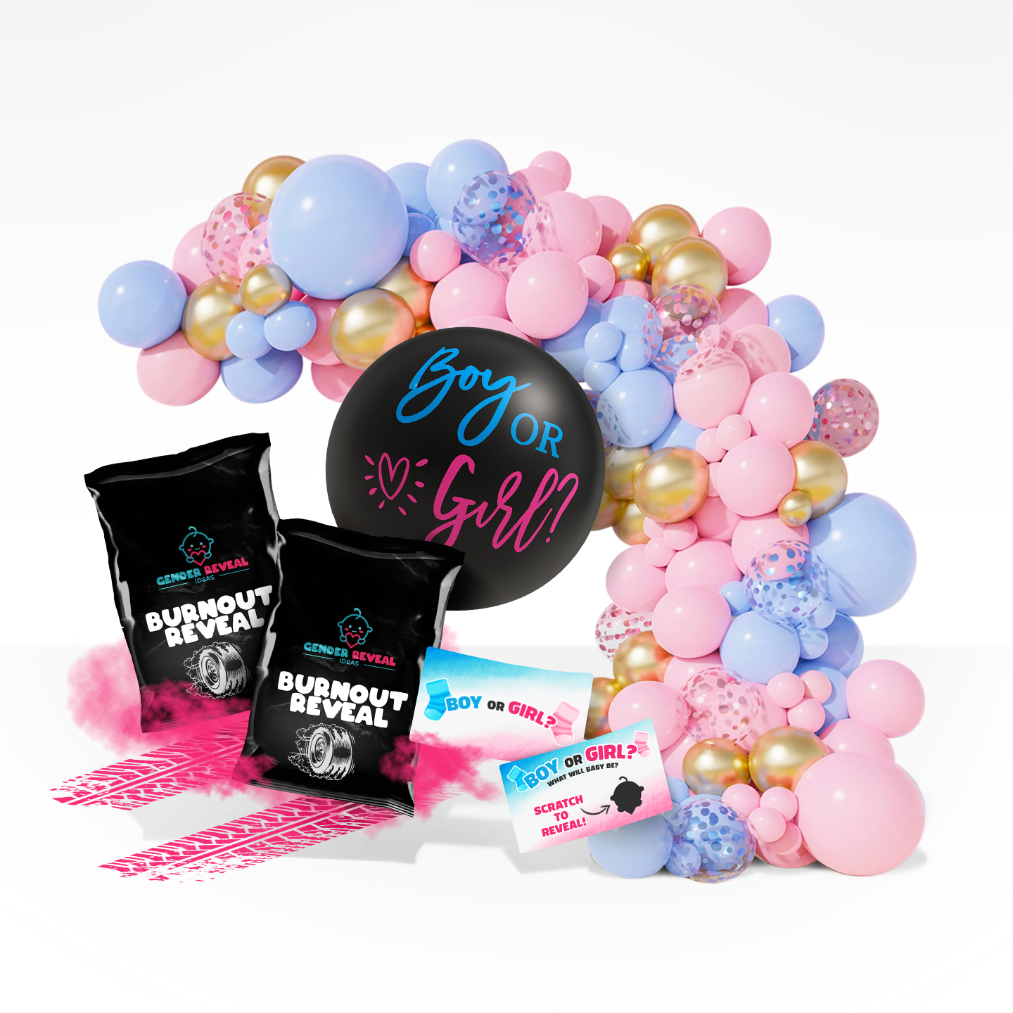 Gender Reveal Race Day Bundle with pink and blue balloons, burnout powder bags, and a black reveal balloon on white background