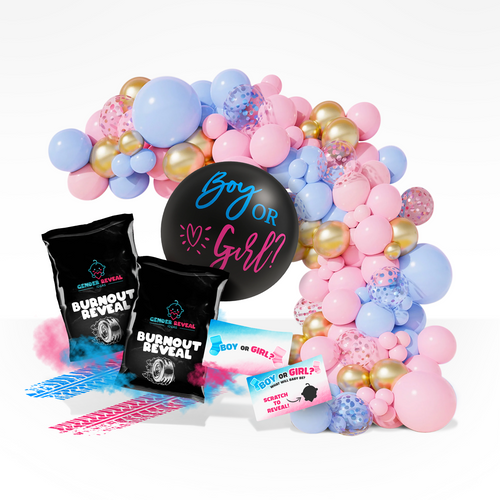 Gender reveal bundle with pink and blue burnout powder, scratch cards, and balloon arch for gender reveal parties