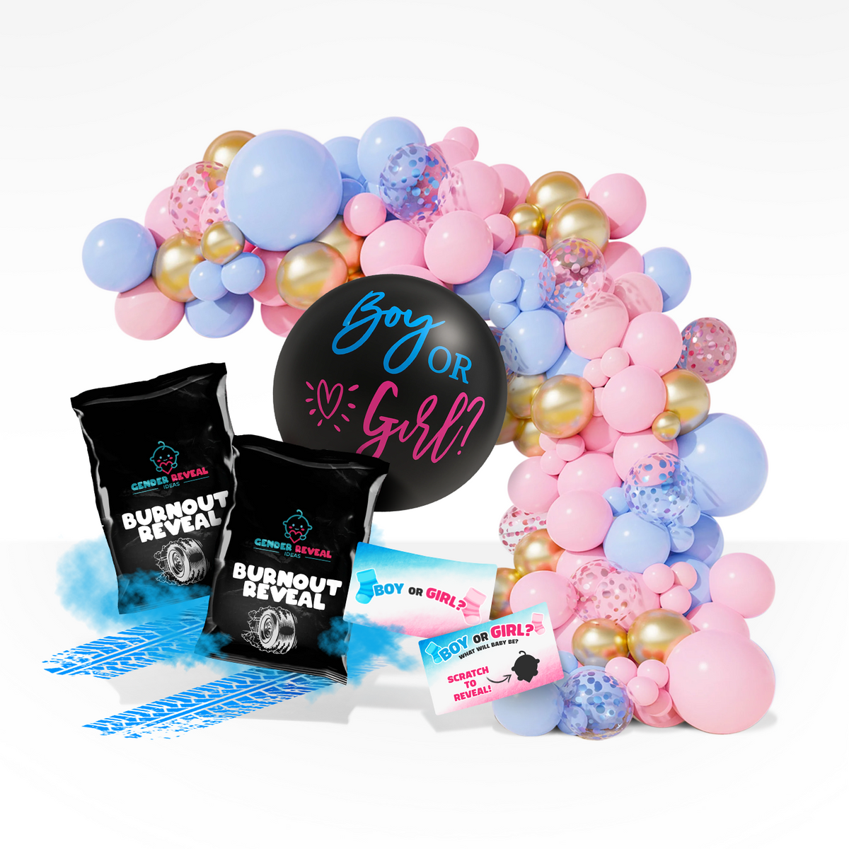 Gender reveal balloon arch with blue and pink balloons, burnout powder packets, and scratch cards for race day reveal bundle