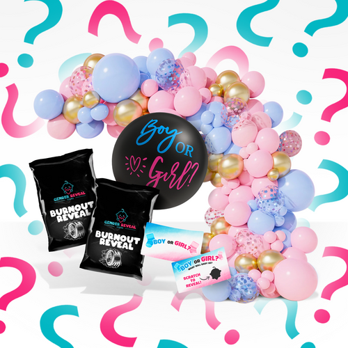 Gender reveal bundle with pink and blue balloons, burnout powder packets, and a black "Boy or Girl?" reveal balloon