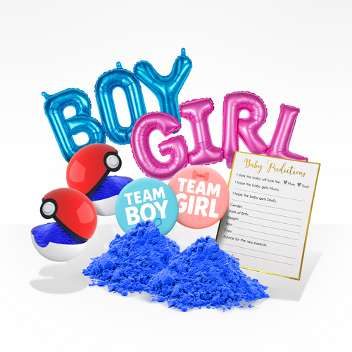 Gender reveal bundle with blue powder, boy and girl balloons, Pokemon balls, prediction cards, and team badges display