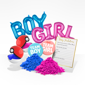 Gender reveal bundle with blue and pink powder, boy and girl balloons, Poké balls, and baby prediction cards.