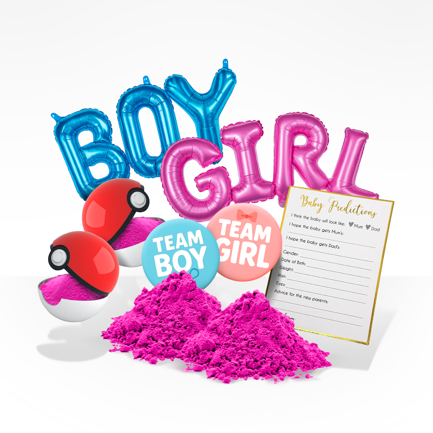 Gender reveal bundle with blue boy and pink girl balloons, Pokémon ball powder blasters, prediction cards, and pink powder piles