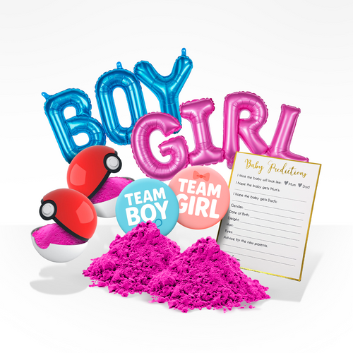Gender reveal bundle with blue boy and pink girl balloons, Pokémon ball powder blasters, prediction cards, and pink powder piles