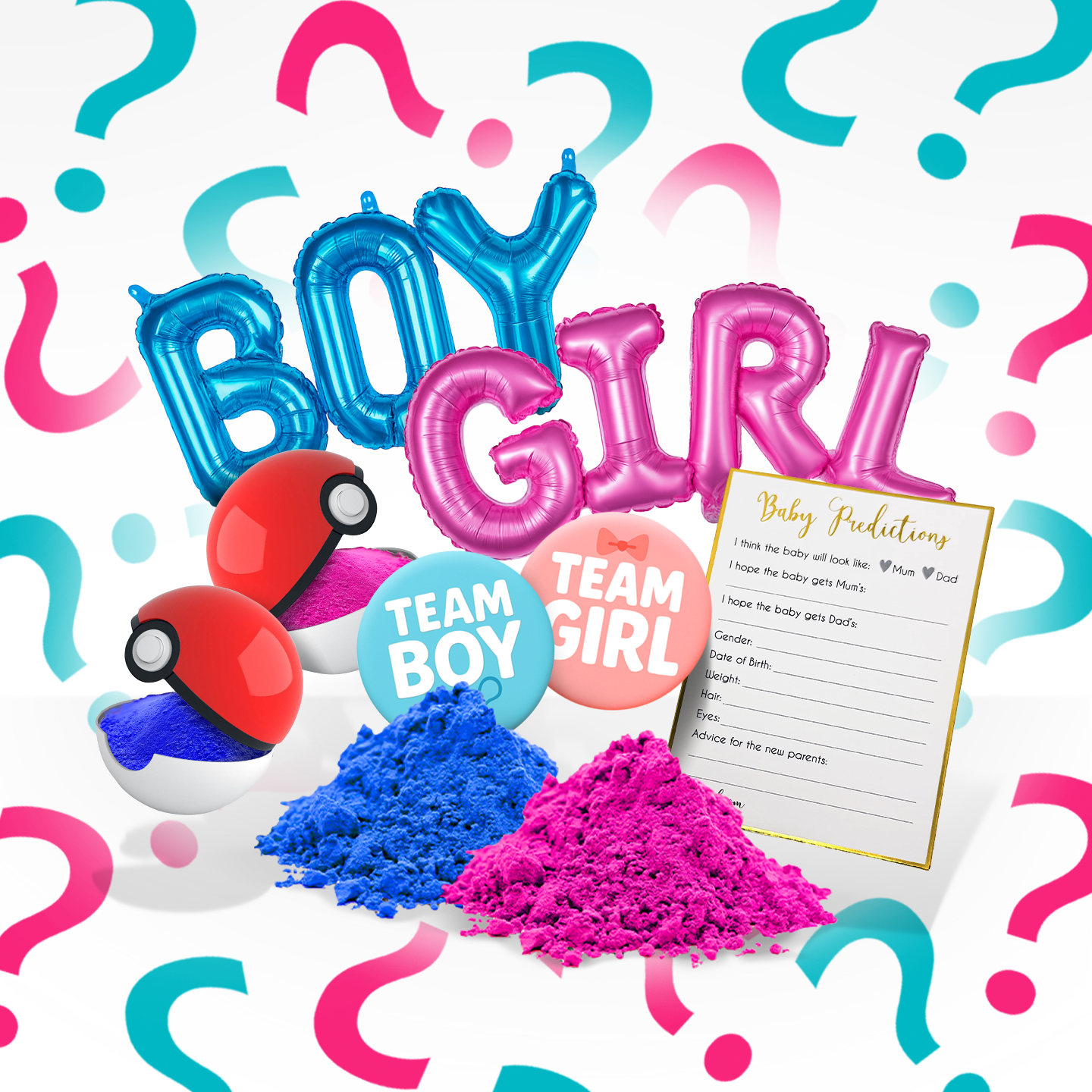 Gender reveal bundle with blue and pink powder, Pokémon balls, balloons, prediction cards, and team buttons on white background