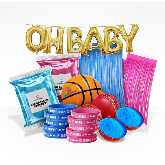 Backyard gender reveal celebration bundle with OH BABY balloons, basketball, cricket ball, confetti, and blue and pink decorations