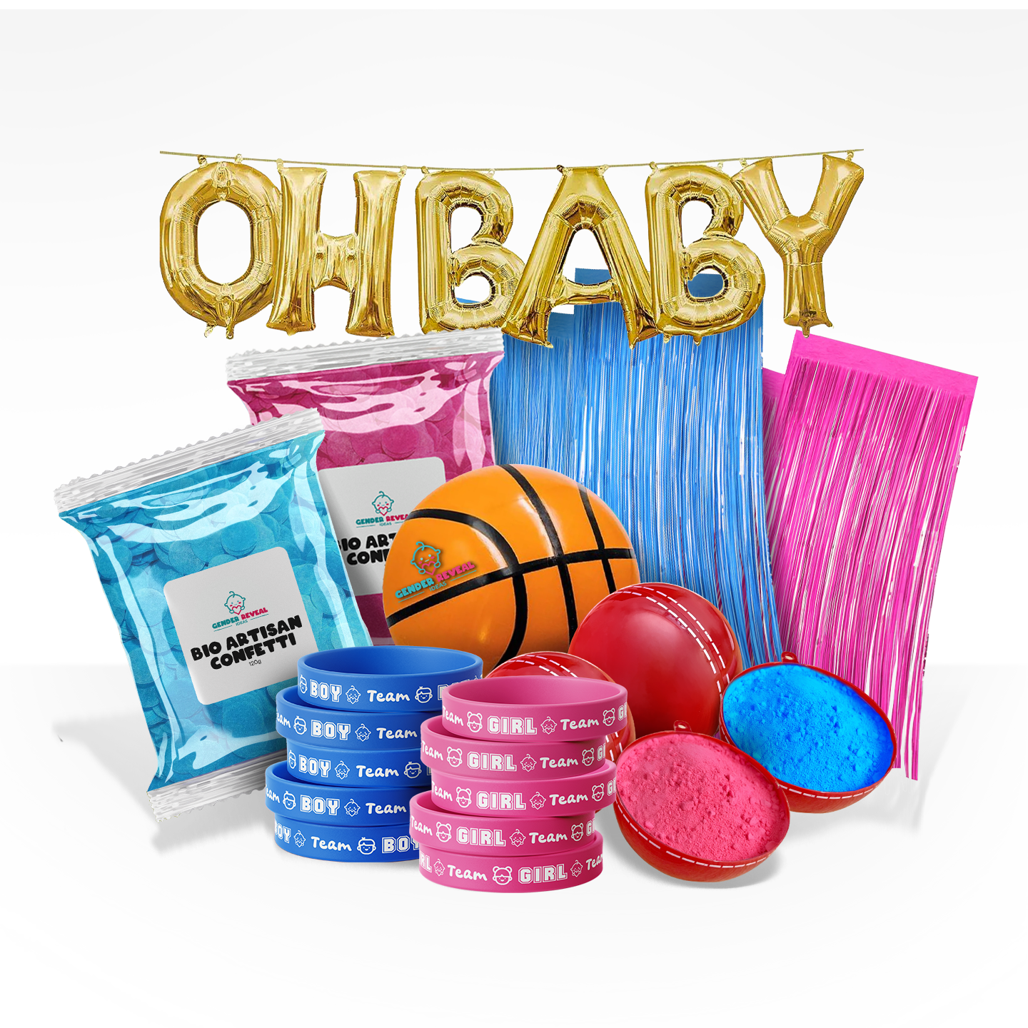 Backyard celebration bundle with gender reveal basketball, cricket ball, pink and blue confetti, ribbons, and gold OH BABY balloons