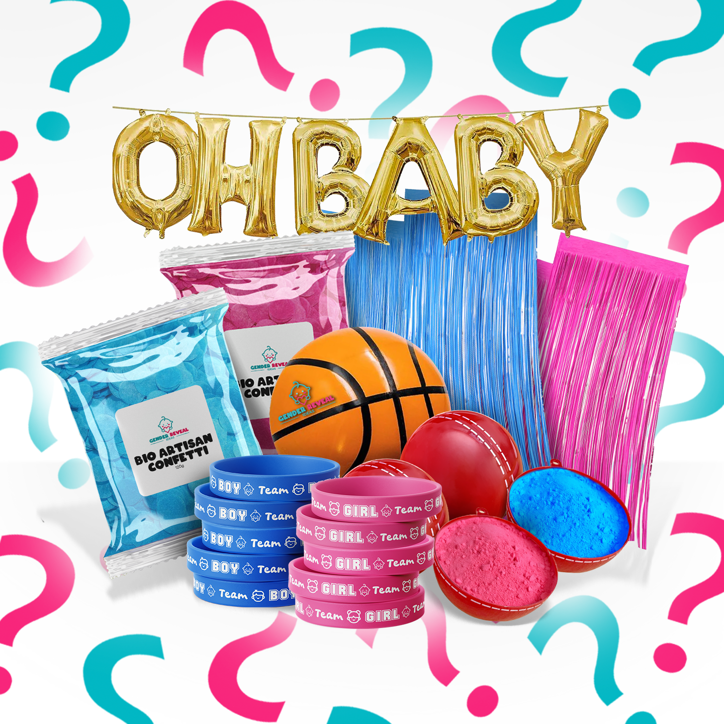 Backyard celebration bundle with OH BABY gold balloons, gender reveal confetti, cricket ball, basketball, and color powder ribbons