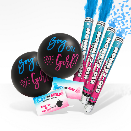 Double Trouble Twins Reveal Bundle with gender reveal balloons, scratch cards, and blue and pink bio-cannons releasing powder