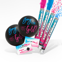 Twins Gender Reveal bundle with blue and pink bio-cannons, balloons saying Boy or Girl, and scratch cards