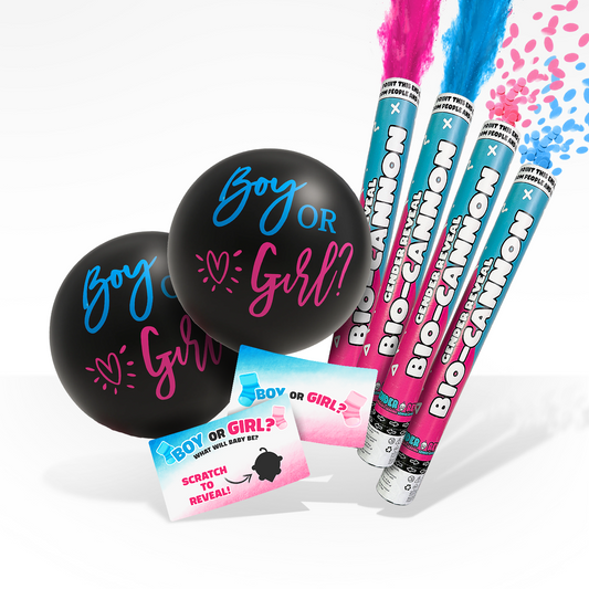 Twins Gender Reveal bundle with blue and pink bio-cannons, balloons saying Boy or Girl, and scratch cards