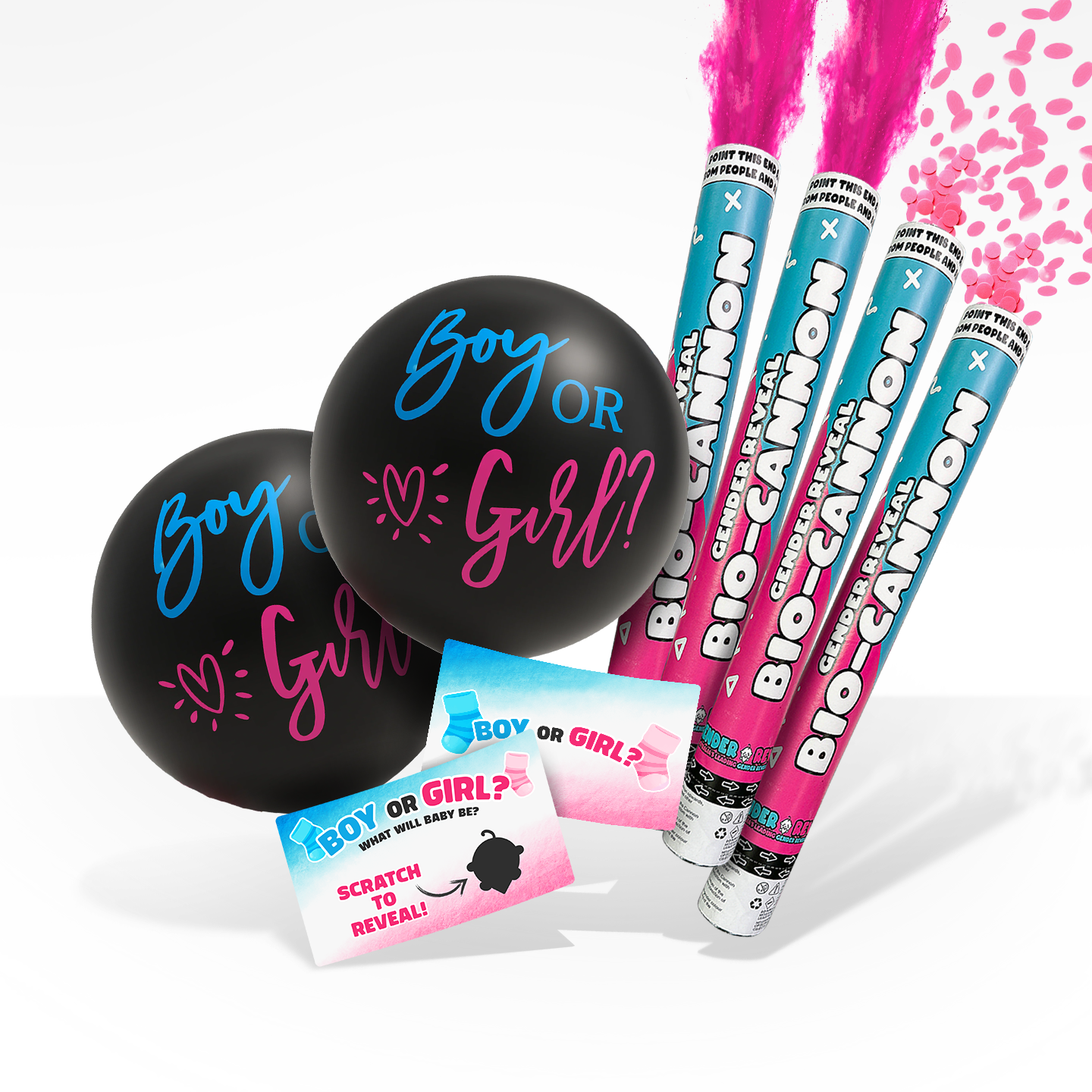 Double Trouble Twins Reveal Bundle with balloons, scratch cards, and bio-cannons releasing pink powder for gender reveal.