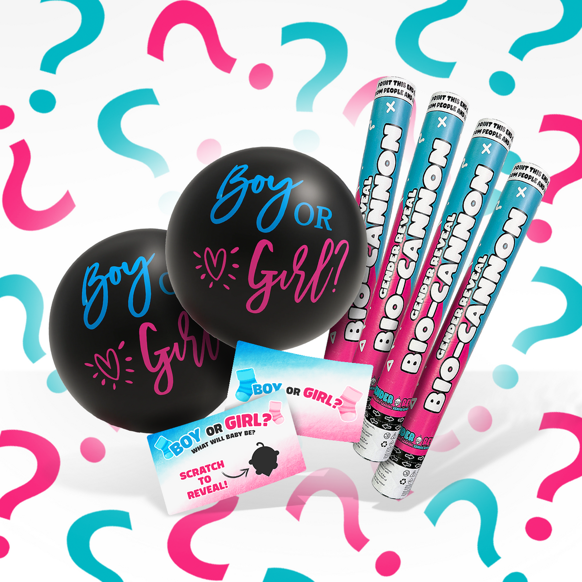 Twins Gender Reveal Bundle with blue and pink cannons, balloons, and scratch cards against question mark background