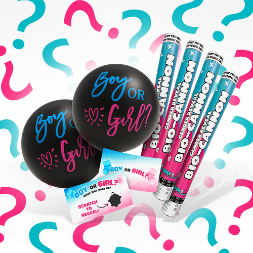 Twins Gender Reveal Bundle with blue and pink cannons, balloons, and scratch cards against question mark background