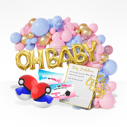 Gender reveal indoor bundle with OH BABY gold balloons, pink and blue balloons arch, scratch cards, and themed powder cannons