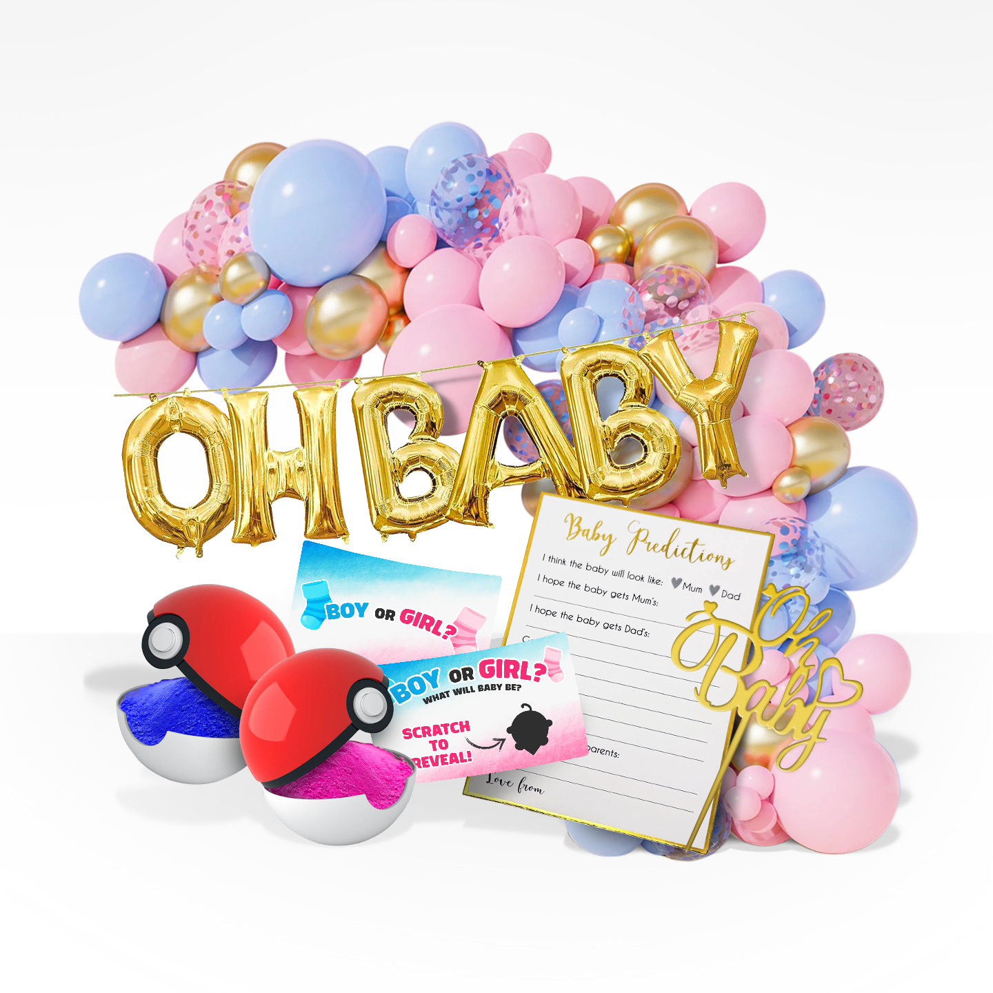 Gender reveal indoor bundle with pink and blue balloons, gold OH BABY letters, scratch reveal balls, and baby prediction cards
