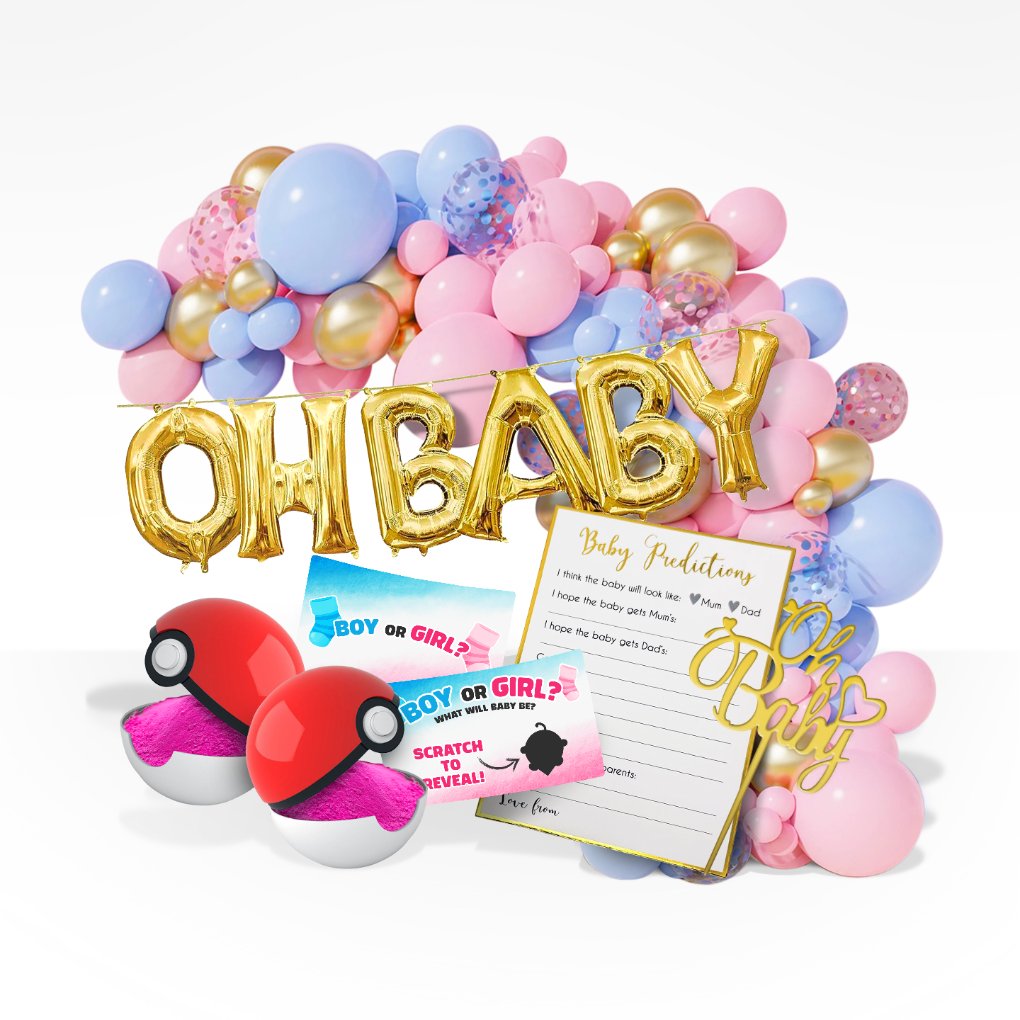 Indoor gender reveal bundle with pink and blue balloons, gold OH BABY letters, scratch cards, and Pokeball cannons releasing pink powder