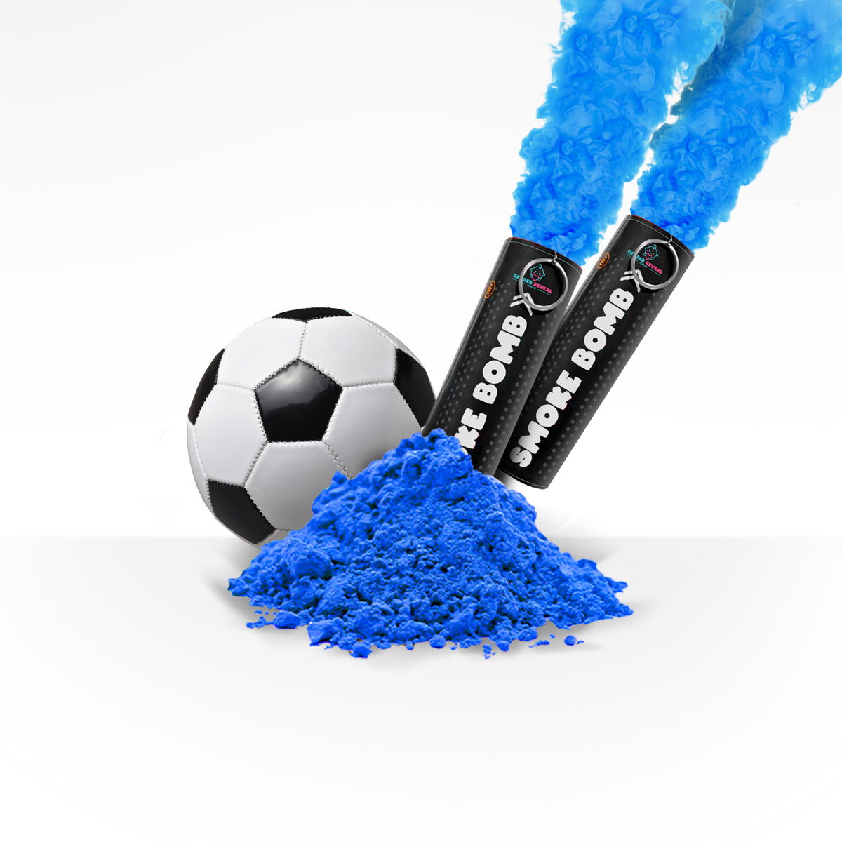 Game Day Gender Reveal Bundle with two blue smoke bombs, blue powder pile, and a black and white soccer ball