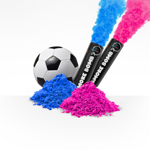 Game Day Gender Reveal Bundle with soccer ball, blue and pink smoke bombs releasing colored powder smoke