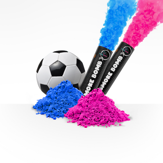 Game Day Gender Reveal Bundle with soccer ball, blue and pink smoke bombs releasing colored powder smoke