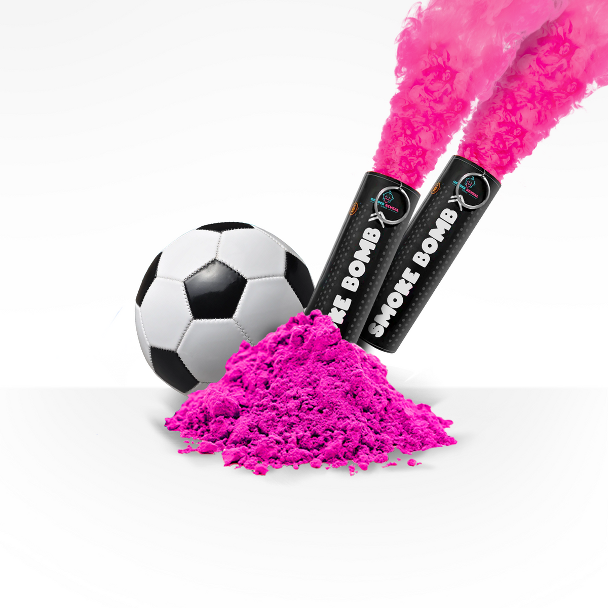 Two black smoke bombs releasing pink powder next to a black and white soccer ball with pink powder pile