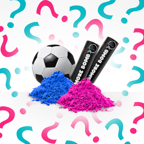 Game Day Gender Reveal Bundle with soccer ball, blue and pink smoke bombs, and colored powder on white background