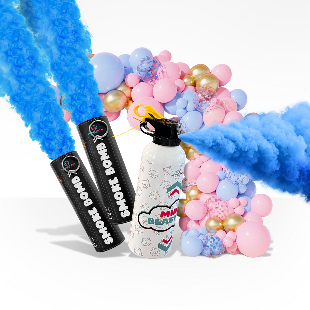 Mini blaster and two smoke bombs releasing vibrant blue powder with pink and gold balloon arch for gender reveal party