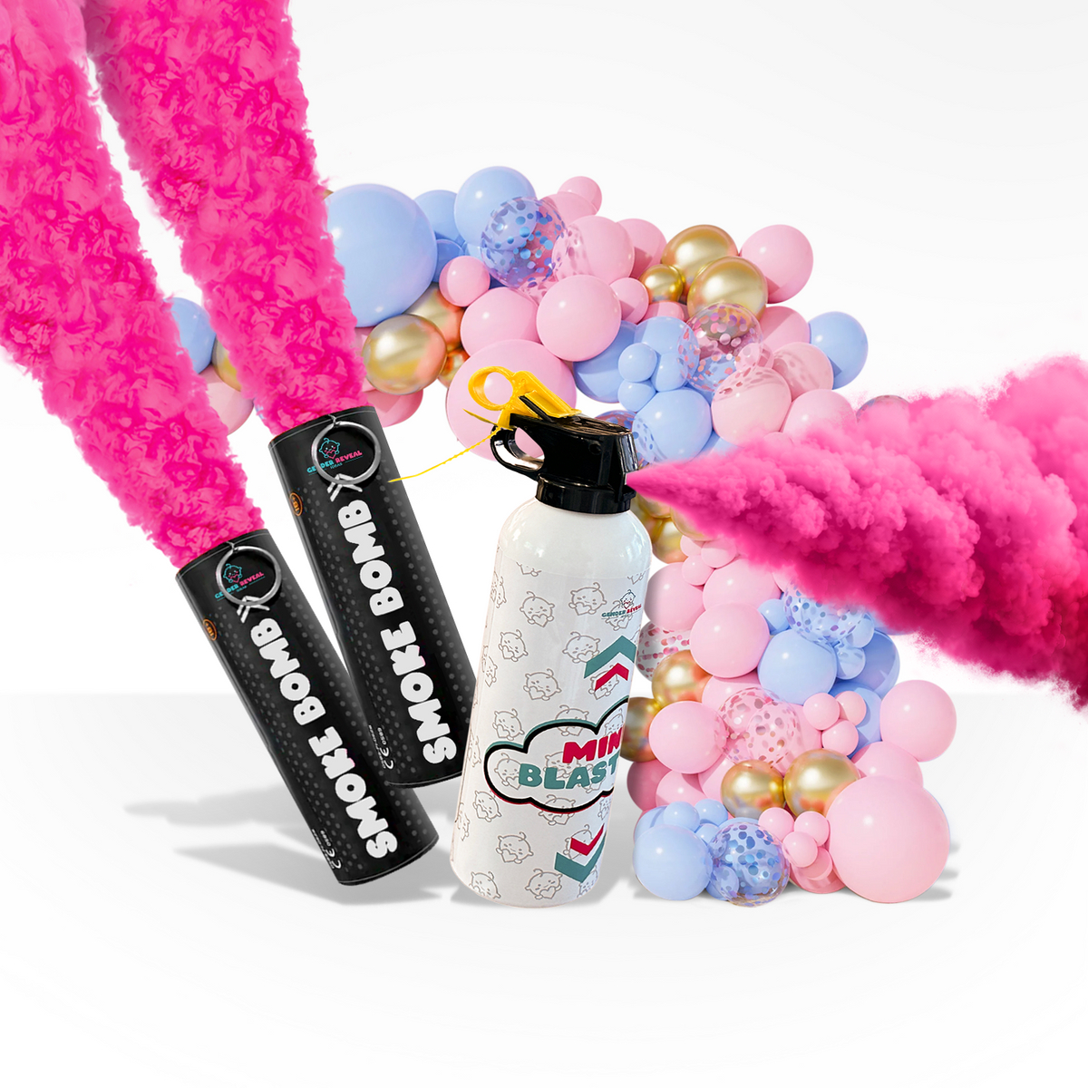Mini Blaster Party Starter bundle with two black smoke bombs and one white mini blaster releasing pink powder smoke