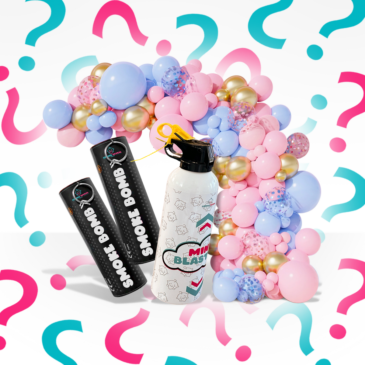 Mini Blaster party pack with two black smoke bombs and colorful pink, blue, and gold balloon arch on question mark background