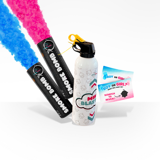 Gender reveal party bundle with pink and blue smoke bombs, mini powder blaster, and scratch cards on white background